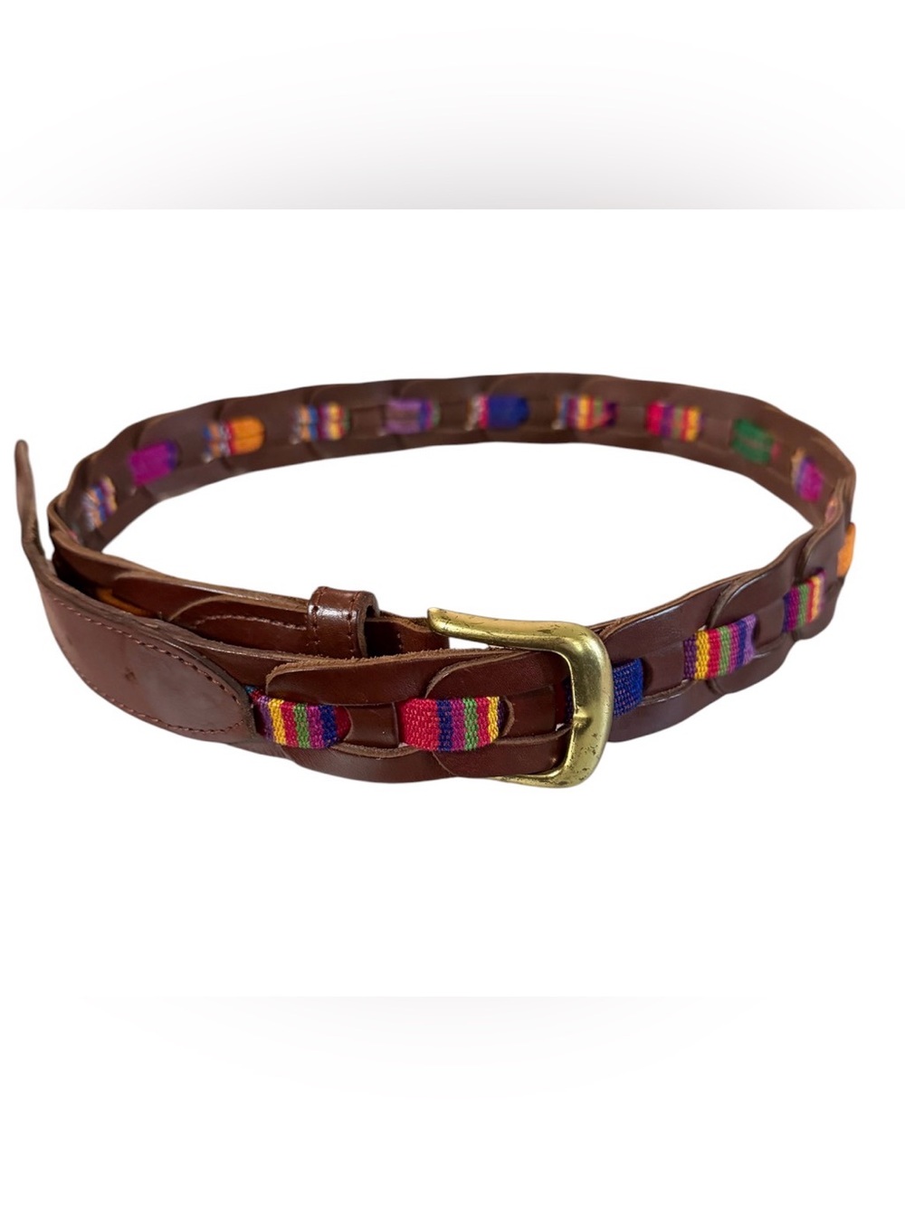 Vintage Guatemalan Genuine Leather Woven Textile Belt M/L Boho Artisan Folk Art